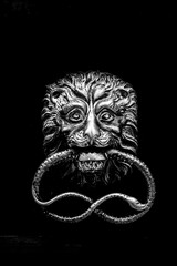 Dettaglio di una maniglia che raffigura un leone con un serpente in bocca sulla porta di una casa a...