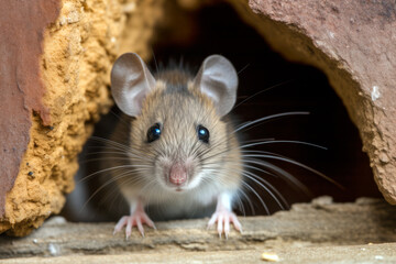 House mouse Mus musculus hiding in a hole in a wall.