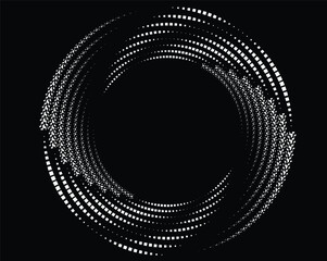 White halftone dots in vortex form. Geometric art. Trendy design element.Circular and radial lines volute, helix.Segmented circle with rotation.Radiating arc lines