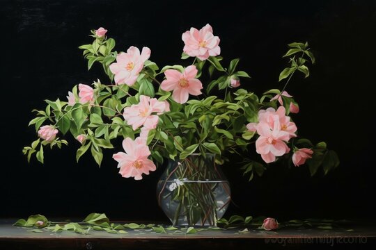 painting of pink flowers on black background with green leaves and buds in vase, pink flower budding in center. Generative AI