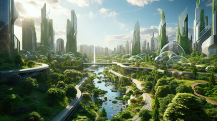 Eco-Futuristic Cityscape: Green Spaces in Urban Areas, Skyscrapers, Parks, and Gardens in Modern City - obrazy, fototapety, plakaty