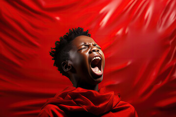 upset screaming crying black boy child on a red isolated background. The concept of pain - obrazy, fototapety, plakaty