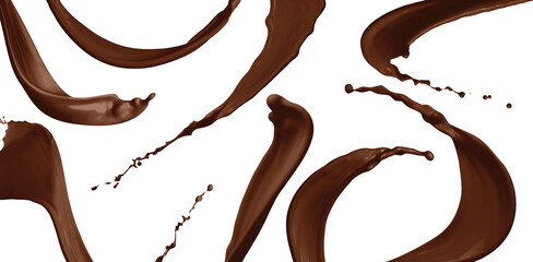 Many chocolate color splashes on white background