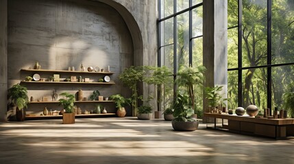 Interior of a modern office building with large windows and a lot of plants