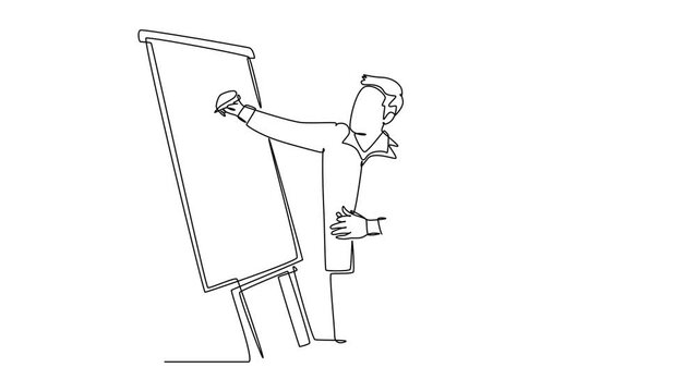 Animated self drawing of continuous line draw of young male CEO explaining business process to his partner with infographic on flip chart. Startup work meeting concept. Full length one line animation