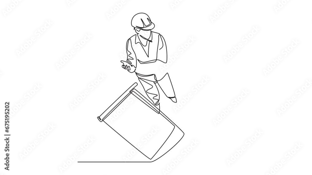 Aufkleber self drawing animation of single line draw young architect and foreman discussing about paper bluepr