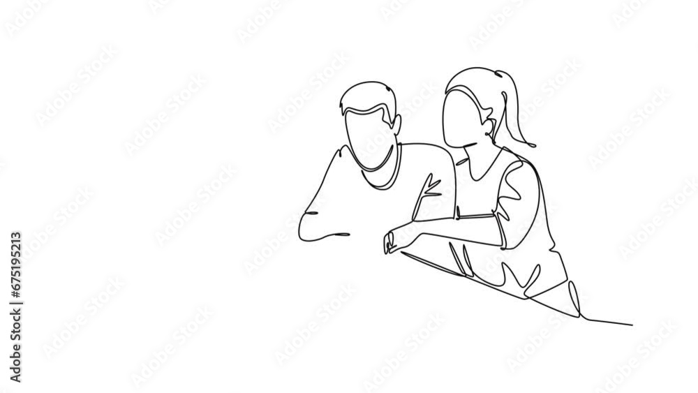 Aufkleber self drawing animation of single line draw young business man and business woman discussing project 
