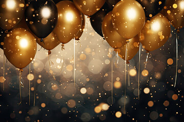 Celebration party with gold, black balloons background and glitter