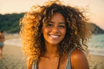 Portrait of smiling young woman with curly hair at beach during summer vacation. Generative Ai.