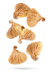 Many dried figs falling on white background