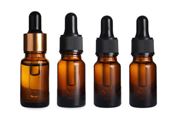 Serums in different bottles isolated on white, collection