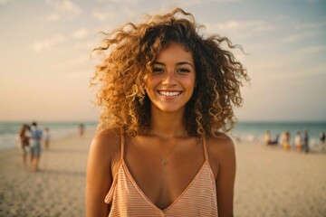 Portrait of smiling young woman with curly hair at beach during summer vacation. Generative Ai.