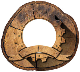 Empty wooden cogwheel (gear) with empty wooden ribbon and copy space above a cross section of a tree trunk. Isolated on white or transparent background. Template. Png.