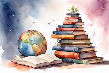 World book day concept. Watercolor Illustration with stack of books. Generative Ai.