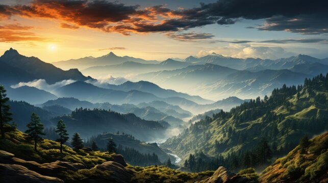 Breathtaking mountain panorama view with a serene river flowing through a lush green forest. The vibrant colors of the sunrise create a mesmerizing scene as misty fog adds an element of mystery to th