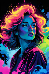 Naklejka premium Vector illustration of beautiful woman with long hair and colorful abstract background.