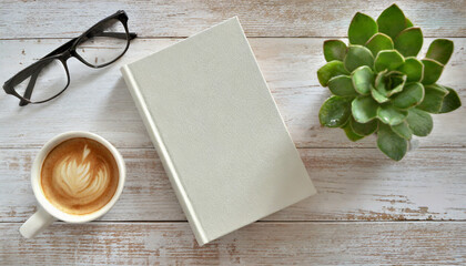 Mock up of blank book cover with coffee, plant and reading glasses