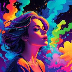 Vector illustration of beautiful woman with long hair and colorful abstract background.