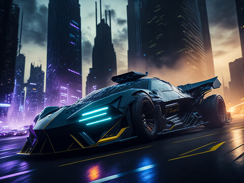 Night city, high-speed cars, neon rays. Dark background. Fantasy. AI	
