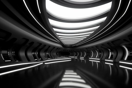360 interior view of sleek futuristic building in dark tones. Generative AI