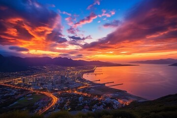a time-lapse of a beautiful sunrise over the sea, mountains, and city. Generative AI