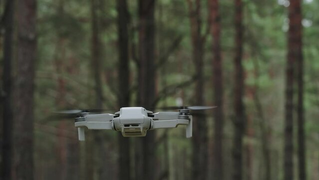 A drone hovering in the air. a drone with a camera flies and takes video in the forest.