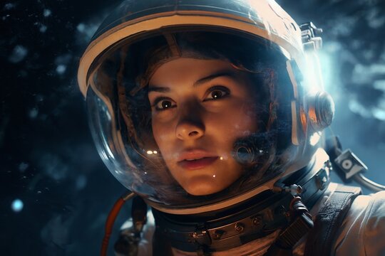 portrait of a woman as an astronaut, dressed in a spacesuit, helmet, beautiful face, abstract background