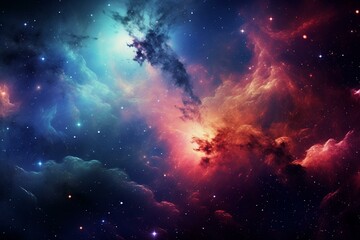 A wide view of space showing numerous stars and colorful nebulae. Generative AI