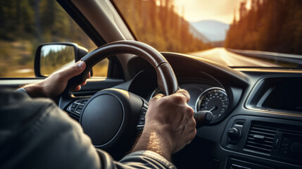 Steering wheel, hands and driving for vehicle insurance, safety and travel in a city at sunrise or sunset. Close-up, hands on steering wheel and steering, travelling in the city for tourism, mechanic