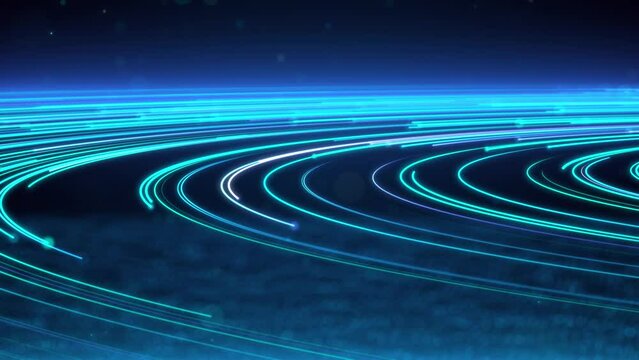 Futuristic vibrant blue color speed light, abstract fast speed moving digital data particle in cyberspace, highspeed dynamic neon light trail curve motion effects 3d rendering
