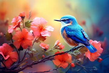 view of a bird among colorful flowers - obrazy, fototapety, plakaty