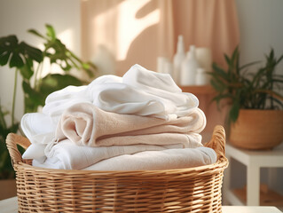 Fototapeta na wymiar Stack of folded clean laundry in a wicker basket
