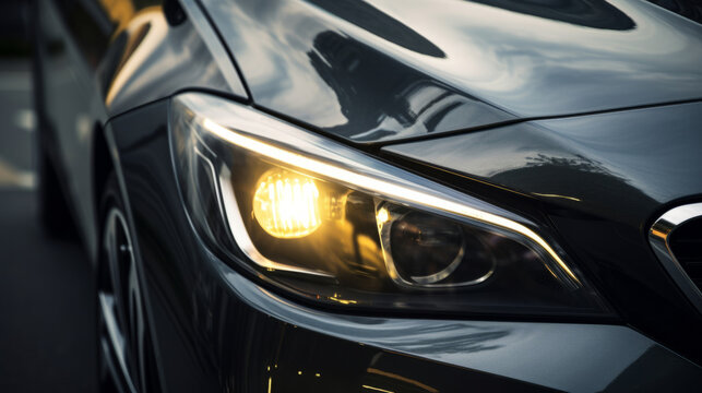 Headlight, vehicle and car for dealership salon, car sales and service repair in city streets at night. Close-up, lights and bokeh of modern and sleek automobile for ownership, competition or mechani