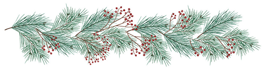 Watercolor Christmas tree branches. Green New Year garland. Pine tree branches with red berries. Hand drawn illustration for greeting cards, posters, prints and other design.