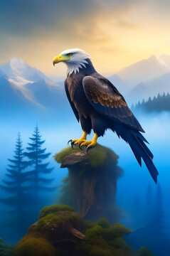 An eagle in the middle of a fantastic mountain landscape . AI	
