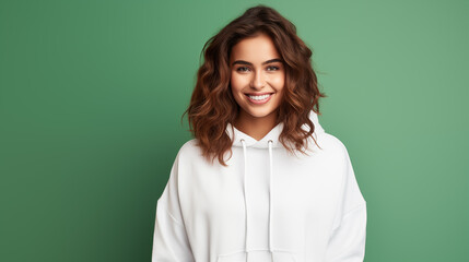 Woman wearing blank white hoodie isolated on a green background. AI