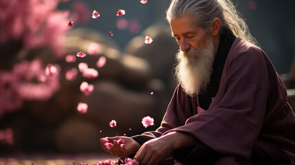 A man with a long white beard sits pink sakura background, falling petals around him from the tree....