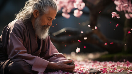 A man with a long white beard sitting on a ground covered in petals, sakura tree background.