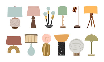 Set of lamp. Vector illustration in flat style , different shapes and color collection of table lamp . Vector cartoon set on white background for different design uses	