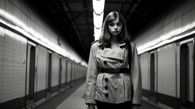 A girl standing in the subway, black and white street style photograph