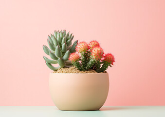 Cactus plant and flowers in a clay pot minimalism