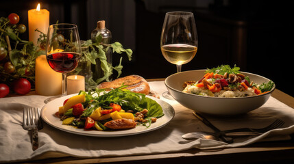 Elegant Dining: Table Set with Food, Wine, and Salad