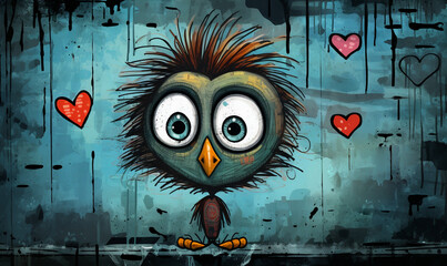 a cartoon of cute chick in love - obrazy, fototapety, plakaty