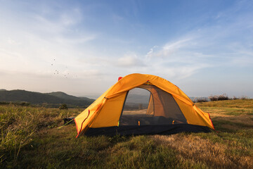 camping tent in the mountains. Vacation, travel, adventure concept