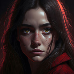 A poignant portrait of a girl with melancholic eyes, framed against a red night sky, rendered in high-quality oil painting, capturing emotions in vivid detail.