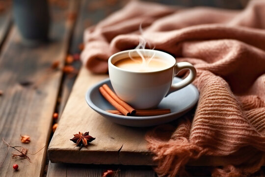A cup of hot coffee sitting on an old wooden table along with a knitted scarf