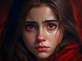 A poignant portrait of a girl with melancholic eyes, framed against a red night sky, rendered in high-quality oil painting, capturing emotions in vivid detail.