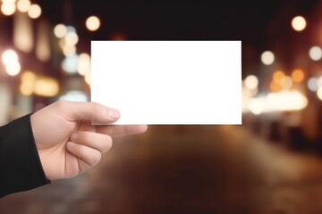Businessman Hand Presenting Blank White Card  Bokeh Background for Custom Messages, ai generated
