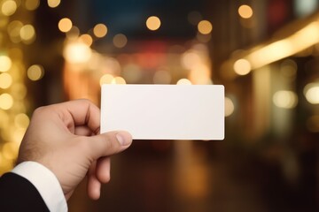 Businessman Hand Presenting Blank White Card  Bokeh Background for Custom Messages, ai generated