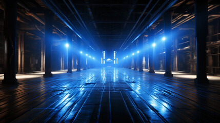Futuristic empty stage. Dark space with blue neon spotlights. Scene with rays of light. AI generative